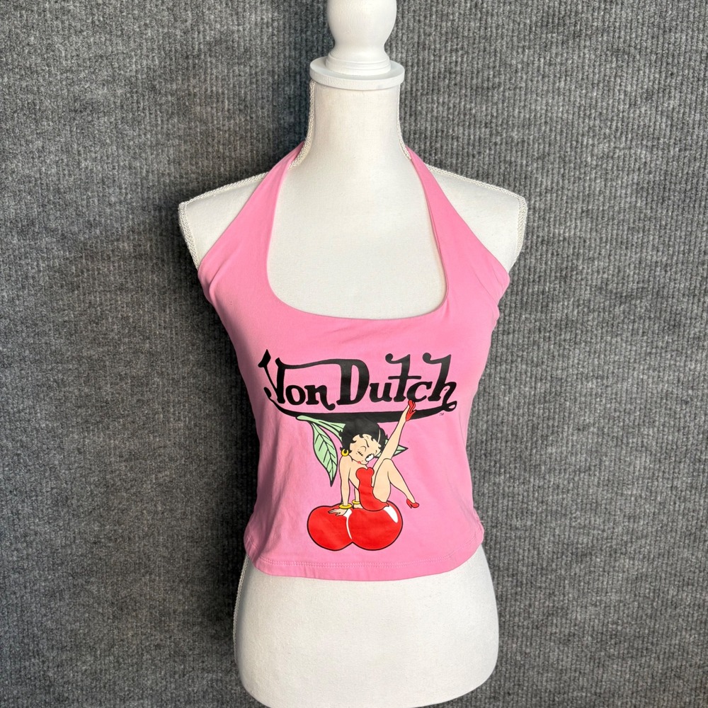 Von Dutch Betty Boop Pink Halter Top Womens L Cherry Graphic Y2K Crop